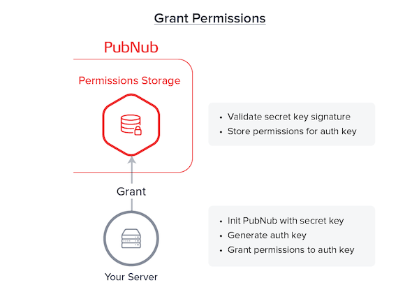 Your Server (grant permissions) → PN Network (store permissions