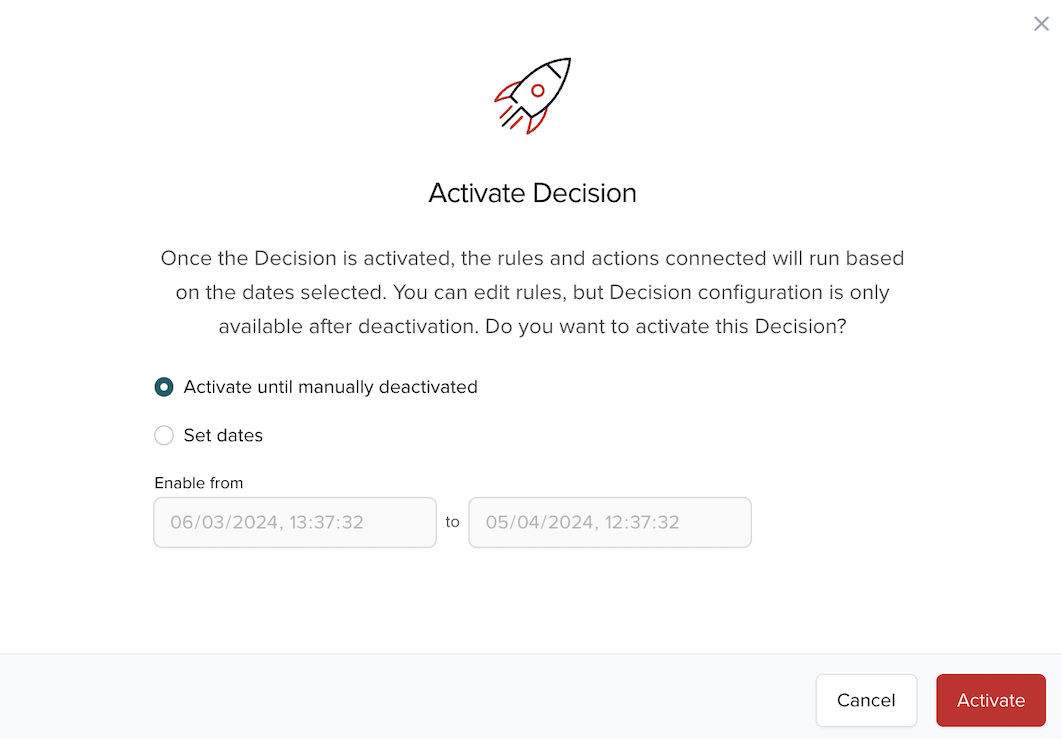 Activate Decision — configuration window