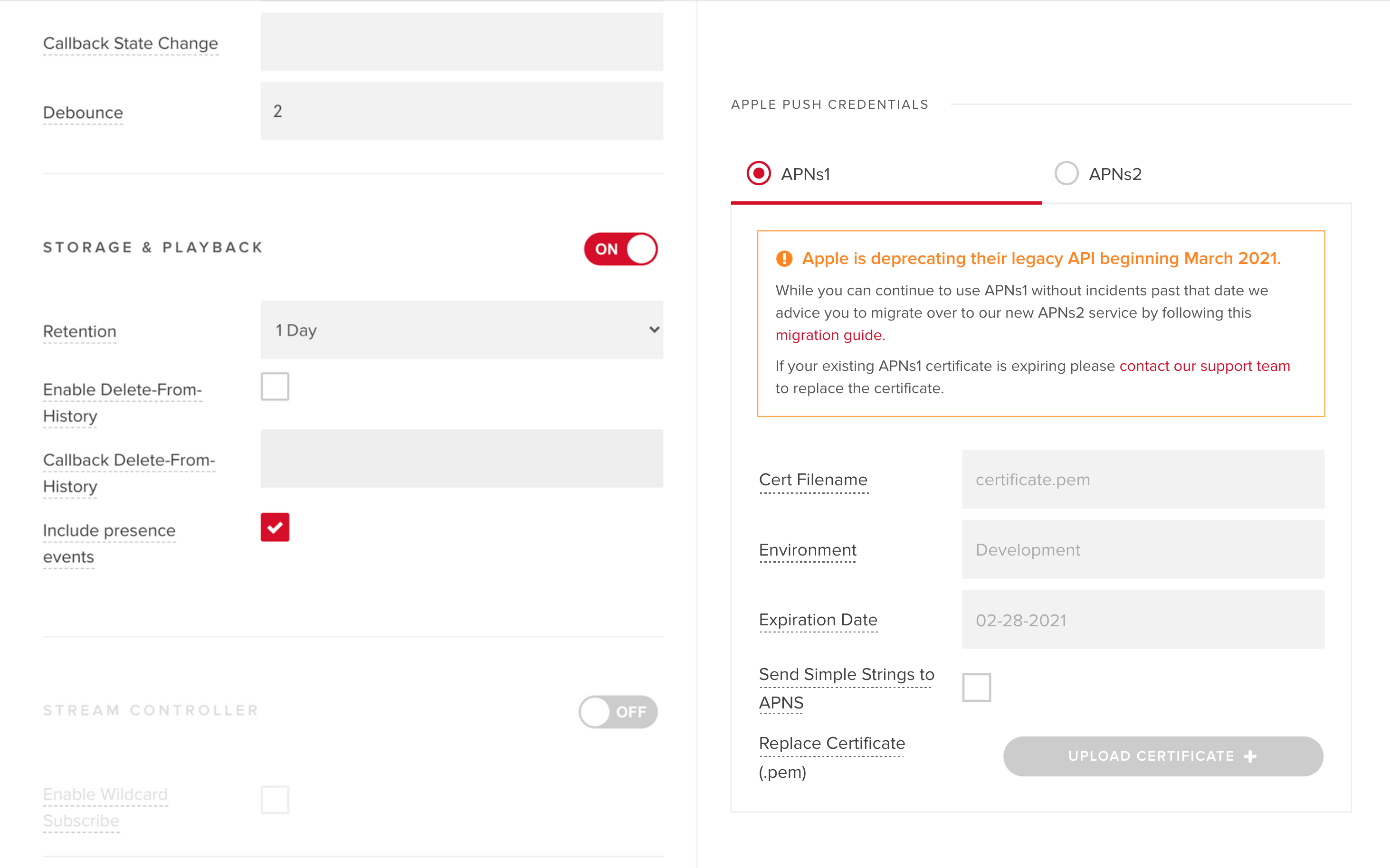 Existing APNs1 configuration