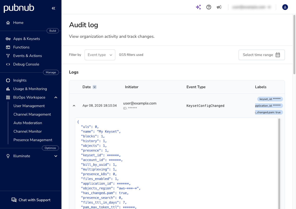 Audit Log with an expanded row showing the full JSON event payload
