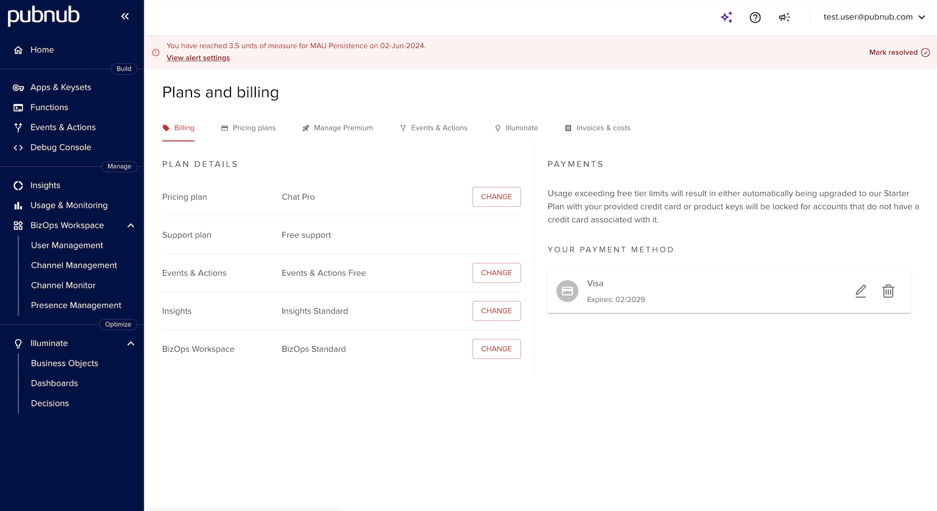 Billing alert notification on the Plans and billing page