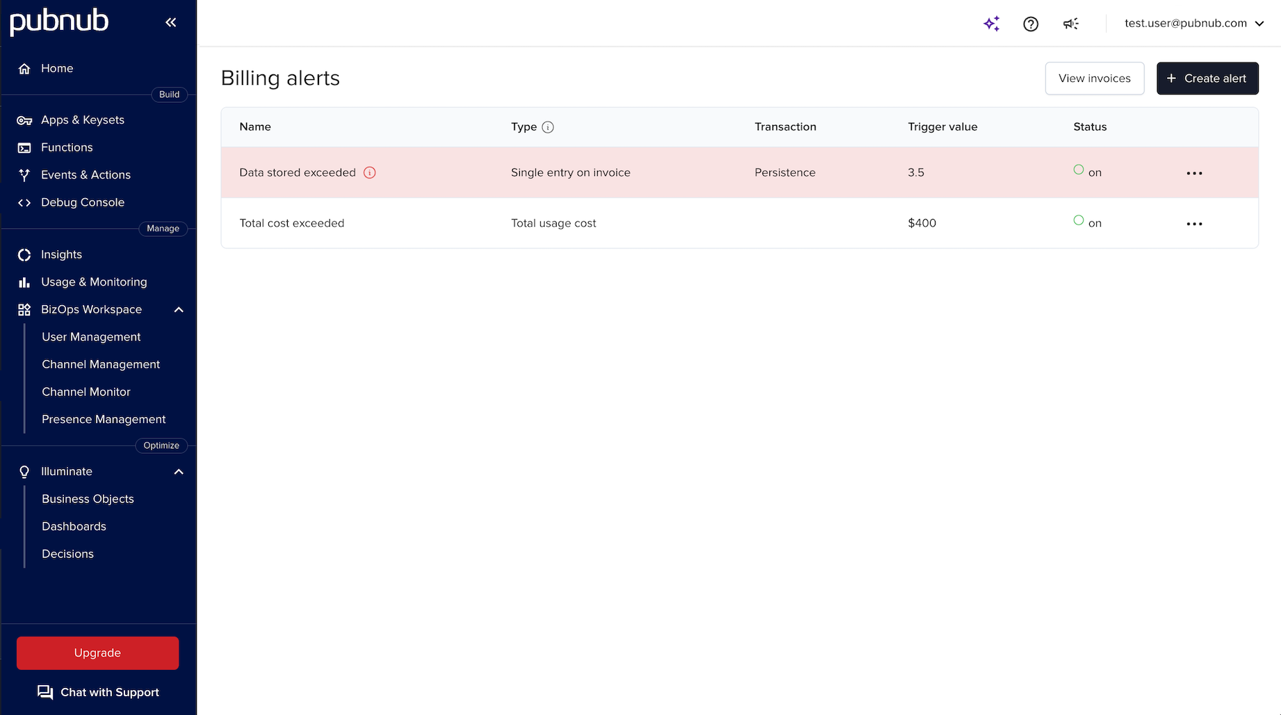 GIF displaying clicking Trigger history in the billing alerts table