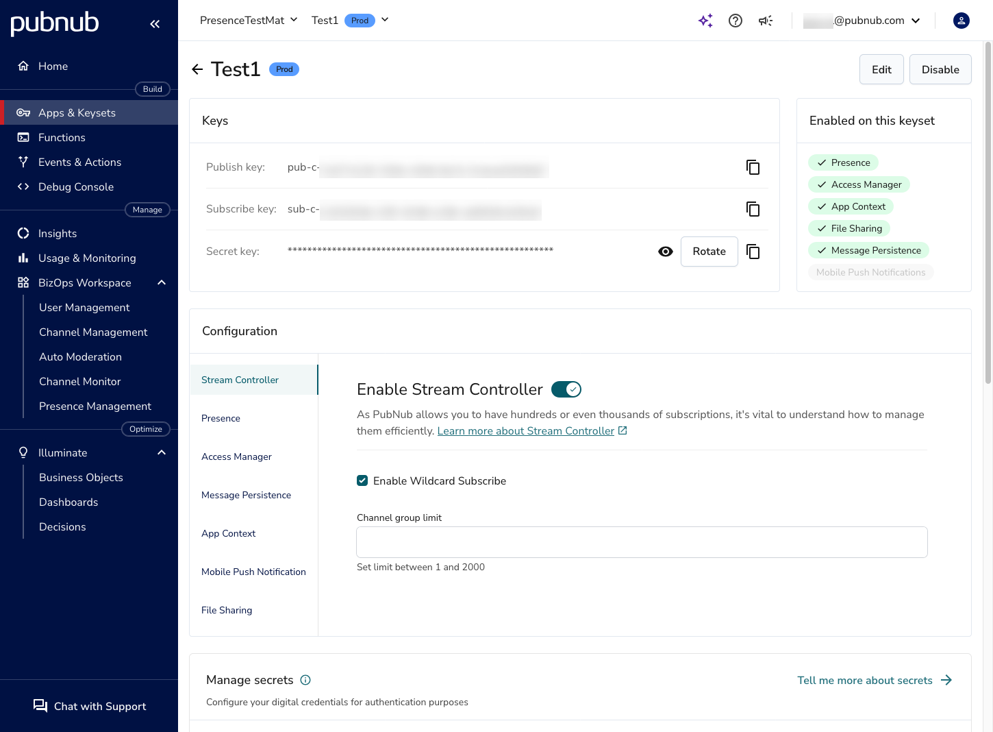 Keyset details showing keys and feature configuration
