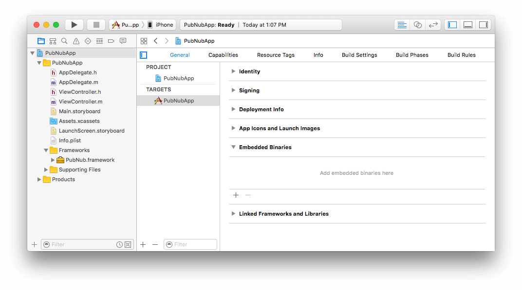 Open embedded binaries group Objective C