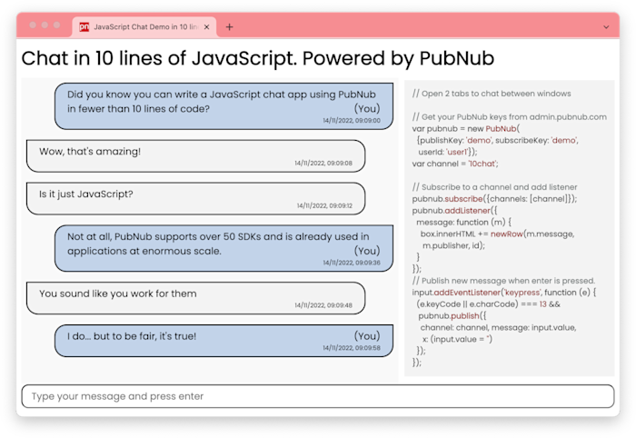 Chat in 10 lines of JavaScript