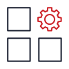 Abstract geometric logo with a gear and three squares in red and black colors.