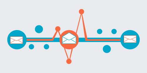 Abstract illustration of email communication flow with envelope icons and connecting lines on a light background.
