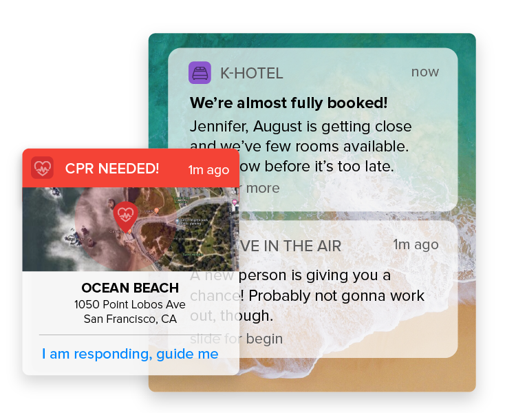 Smartphone screens displaying various notifications including a CPR alert and a hotel booking reminder.