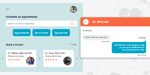 Online medical portal interface showing a chat window with Dr. Mitchell, appointment scheduling options, and doctor selections for booking.