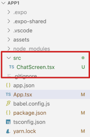 Code editor screen showing a list of project files with a focus on a highlighted file named 'ChatScreen.tsx'.