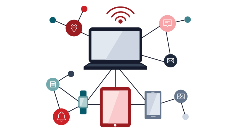 Laptop and mobile devices connected to various communication icons representing a connected digital network.