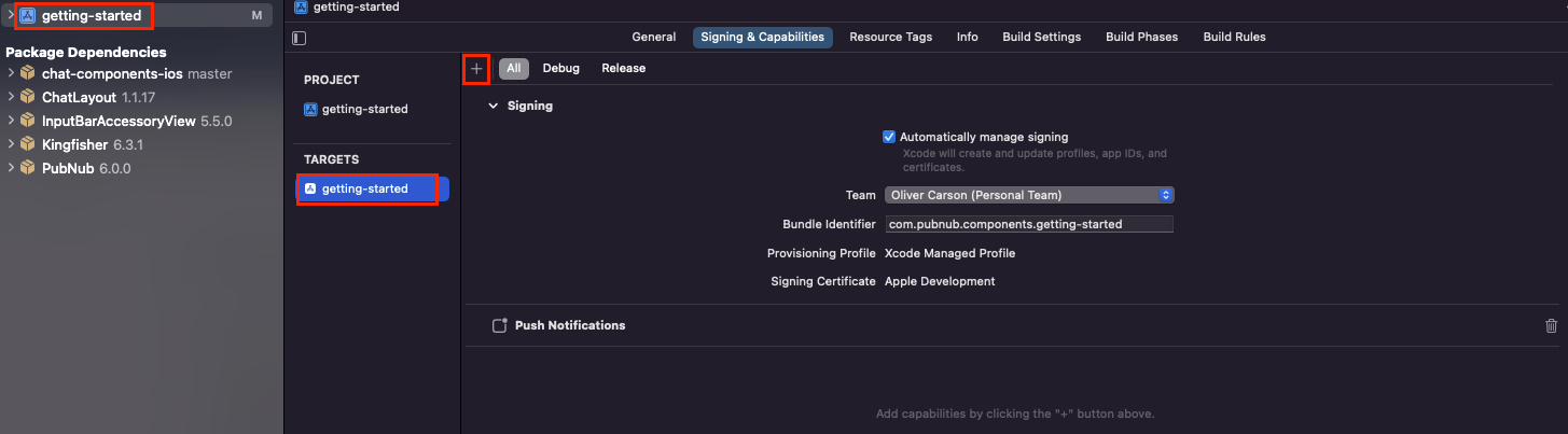 Xcode project settings with selected 'Signing & Capabilities' tab showing team and bundle identifier configuration.