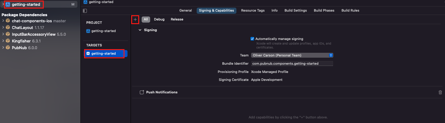 Xcode project settings with selected 'Signing & Capabilities' tab showing team and bundle identifier configuration.