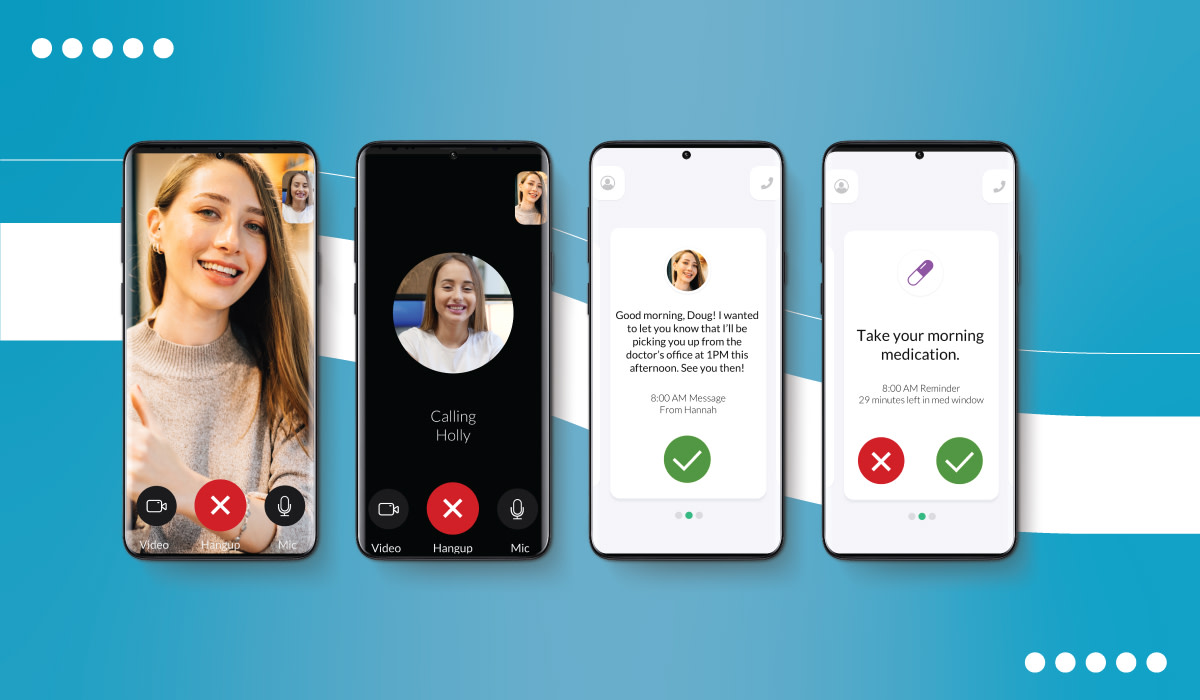 Four smartphones with different screens, including a video call, a voice call to Holly, a text message from Hannah, and a medication reminder app.