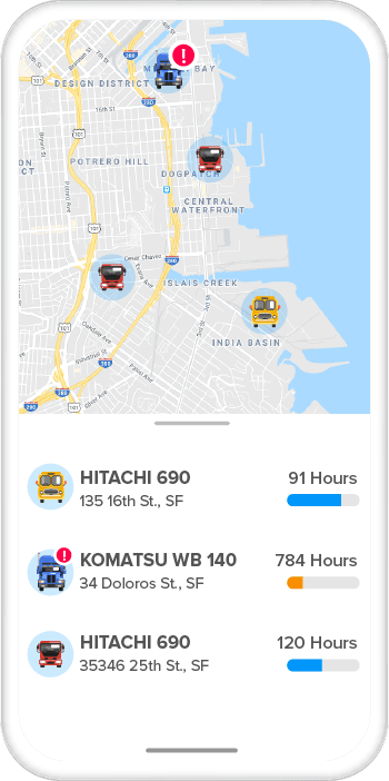 fleet-tracking-mobile.png Smartphone displaying a map with equipment tracking and operational hours for construction vehicles in San Francisco.