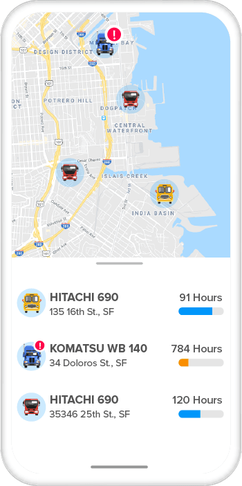 Smartphone displaying a map with equipment tracking and operational hours for construction vehicles in San Francisco.