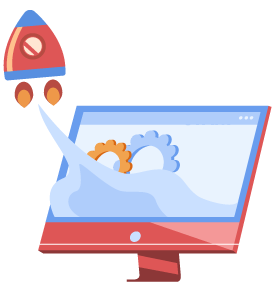 Desktop computer monitor displaying a launch icon with clouds and gears, symbolizing startup progress and creative development.