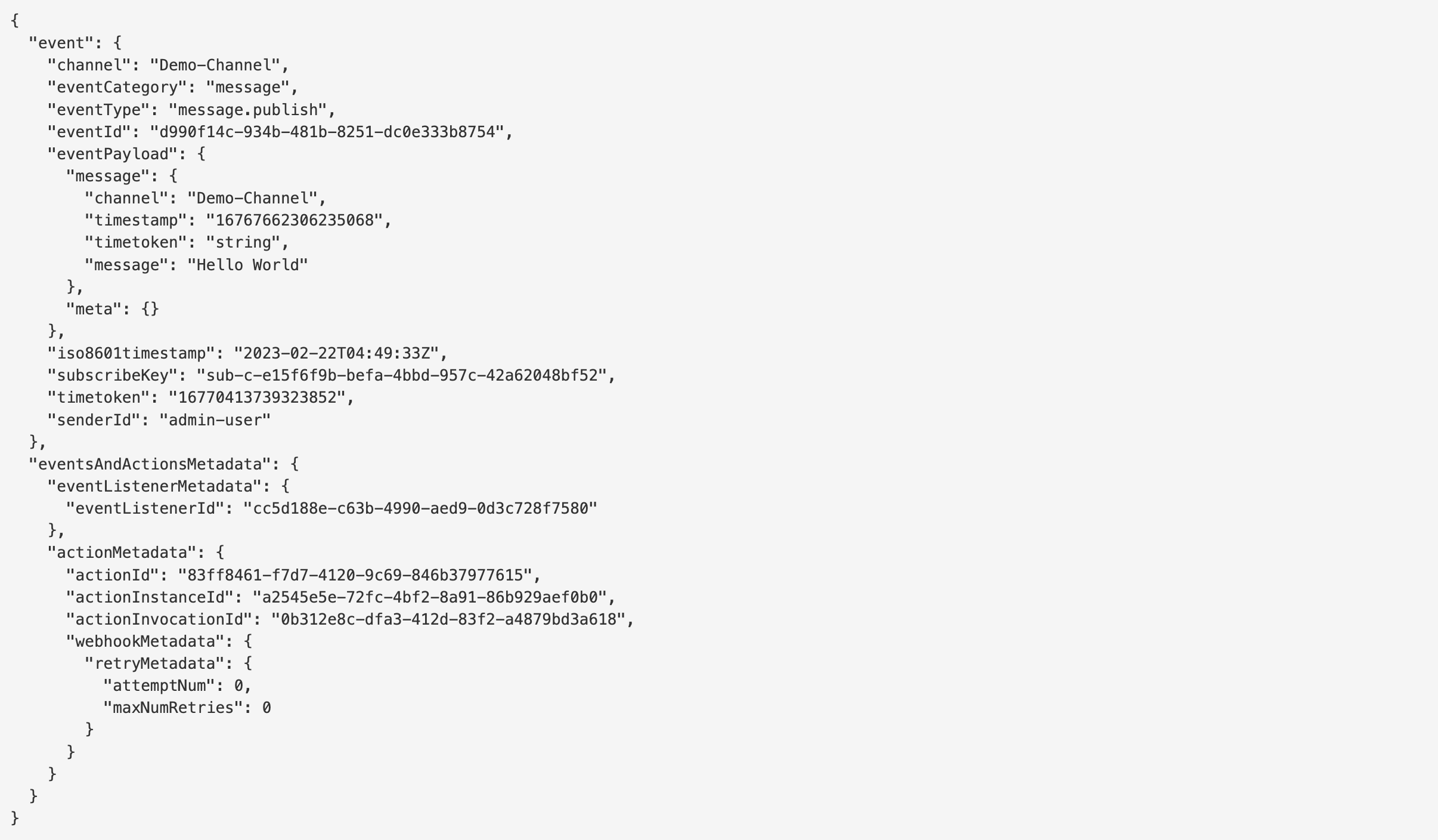 How To - Set Up Events & Actions - Action Creation - Image Computer screen displaying JSON code structure with event details for a messaging application.