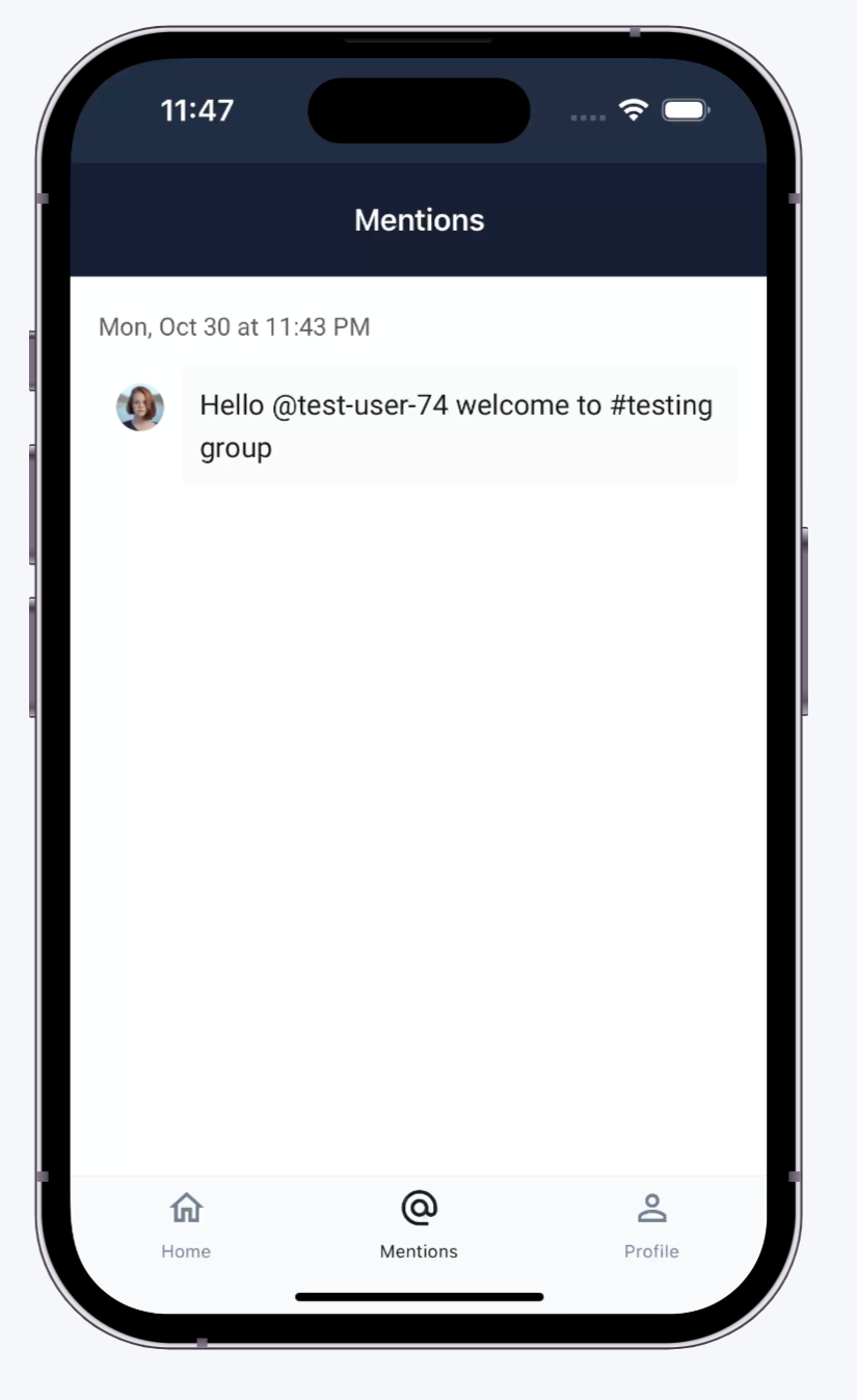 Smartphone displaying a welcome message in the mentions tab on a social media app.