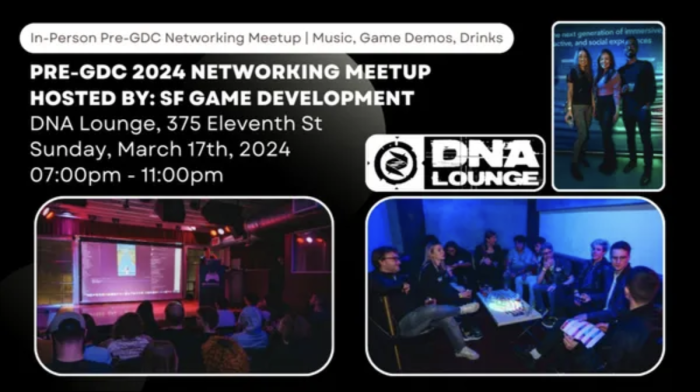 An advertisement for a pre-GDC 2024 networking meetup hosted by SF Game development