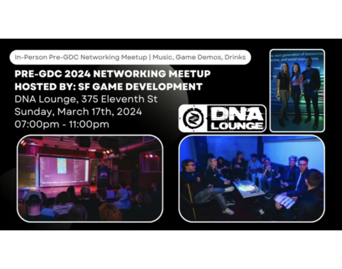 An advertisement for a pre-GDC 2024 networking meetup hosted by SF Game development