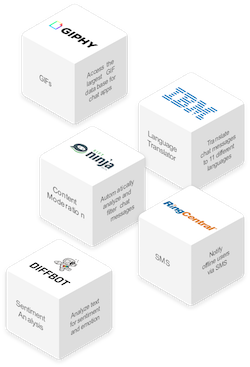 3D digital cubes representing various tech company logos and their services like GIF search, language translation, content moderation, automated messaging, SMS, and sentiment analysis.