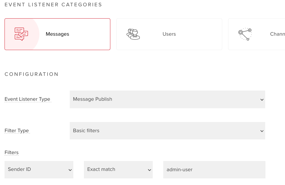 User interface of a software event listener configuration with categories for Messages, Users, and Channels highlighted.