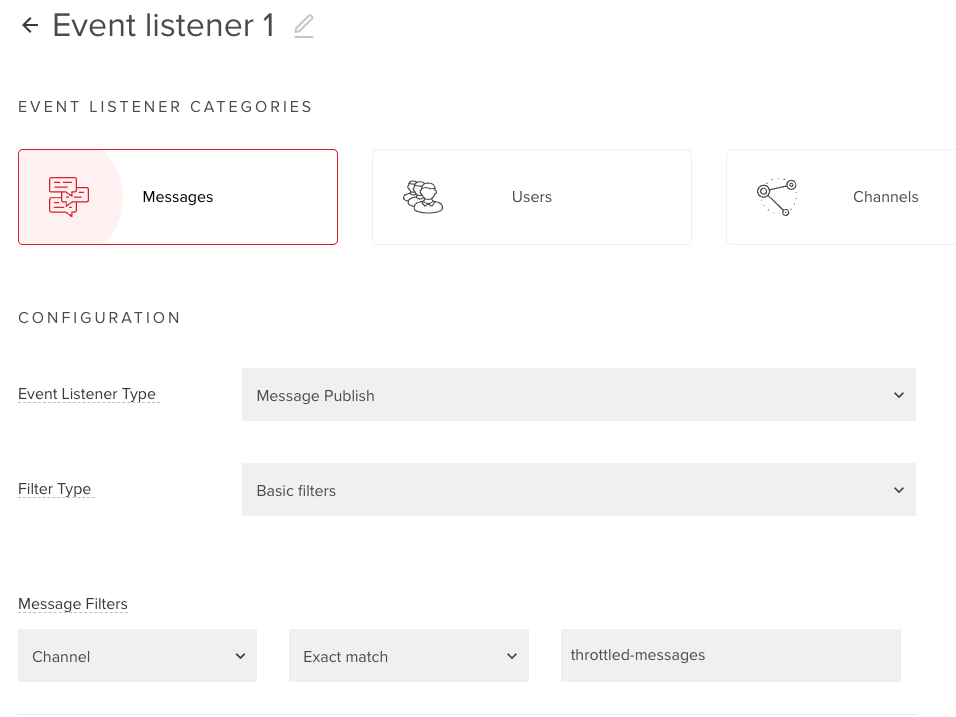 User interface of an event listener configuration page with categories for messages, users, and channels highlighted.