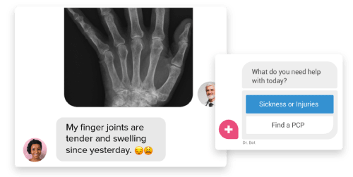 Hand X-ray alongside a virtual healthcare chat interface discussing symptoms of finger joint pain and swelling.