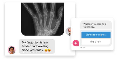 hipaa_3.png Hand X-ray alongside a virtual healthcare chat interface discussing symptoms of finger joint pain and swelling.