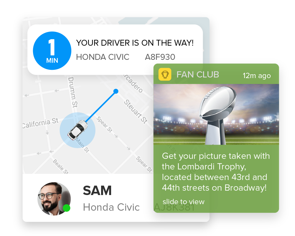 Ride-sharing app interface showing driver arrival time, car model, and license plate, along with a promotional notification for a photo opportunity with the Lombardi Trophy.