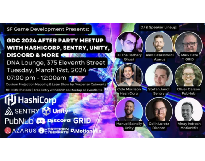 An advertisment for a GDC 2024 after party meetup