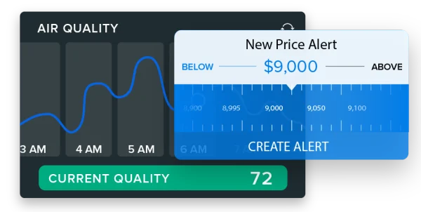 Interactive mobile application interface displaying air quality index with hourly graph and price alert setup feature.