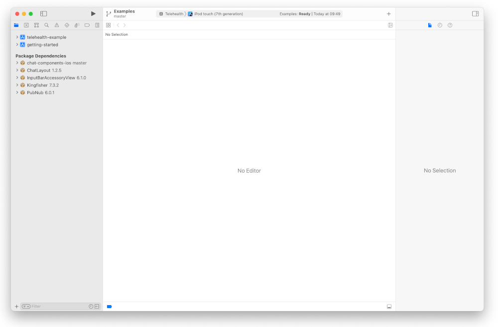 Xcode Telehealth 1 Integrated development environment interface showing package dependencies for a telehealth application project.
