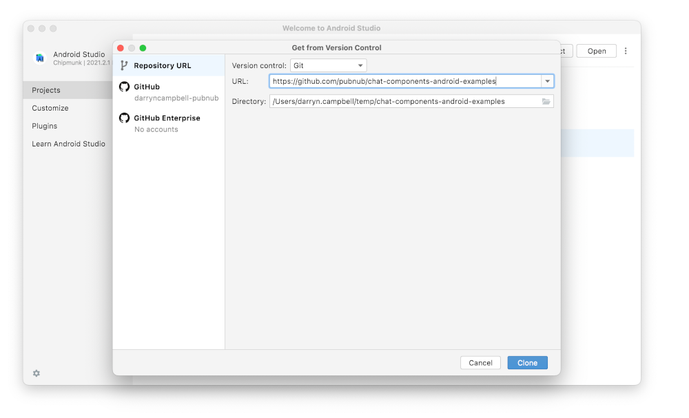 Android Studio software interface on a computer screen with an open dialog for cloning a repository from GitHub.