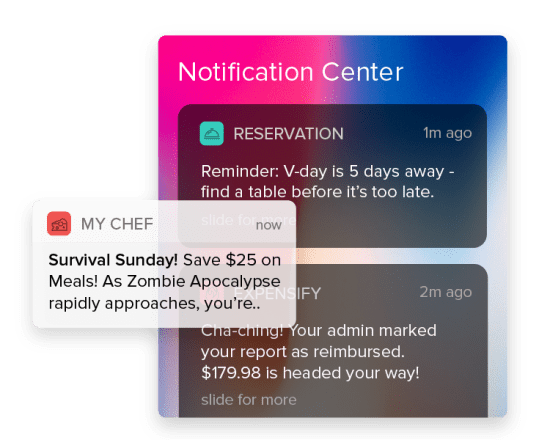 Pop-up notification center interface with multiple alerts about reservations, discounts, and reimbursement updates.