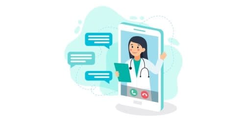 Illustration of a female doctor appearing on a digital telemedicine platform with chat bubbles indicating online communication.