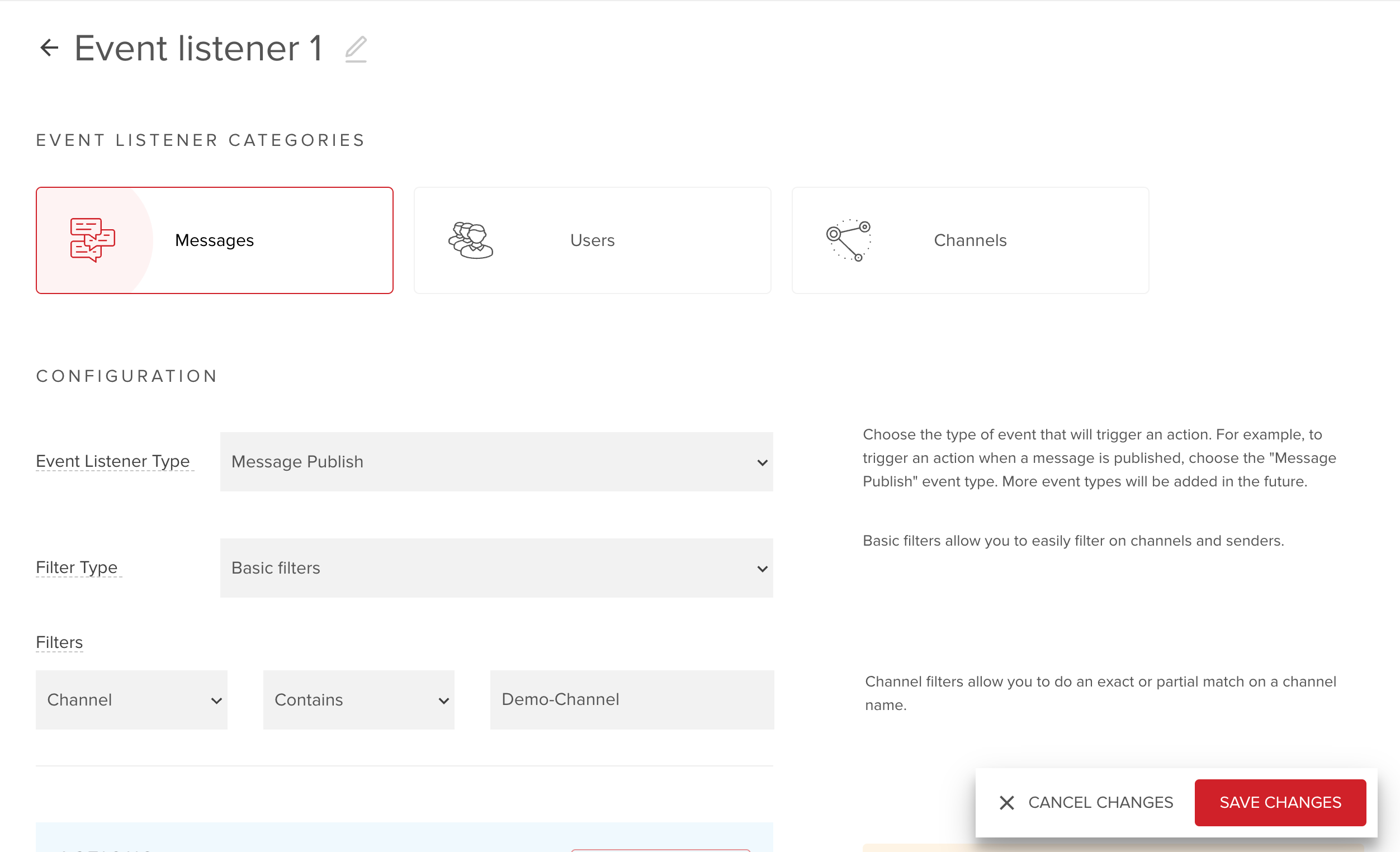 User interface of an event listener configuration panel with options for messages, users, channels, and filter settings.