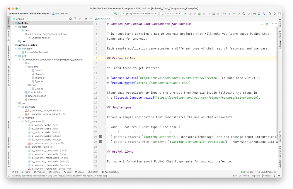 IDE with open project showing README file for PubNub Chat Components on GitHub website.