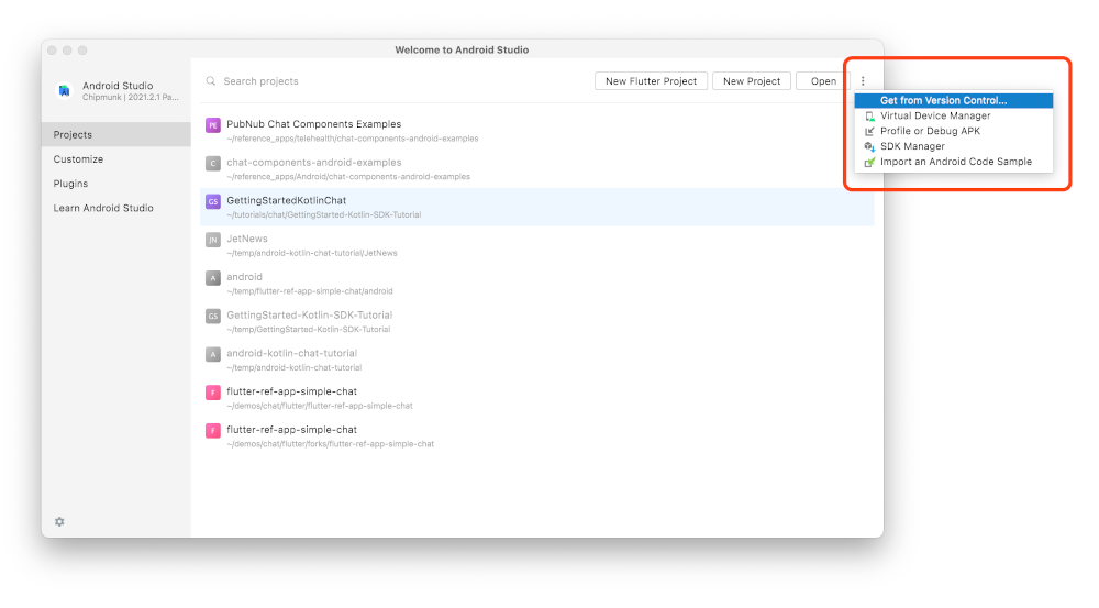 Android Studio interface with open project list and a drop-down menu highlighting options such as Get from Version Control and SDK Manager.