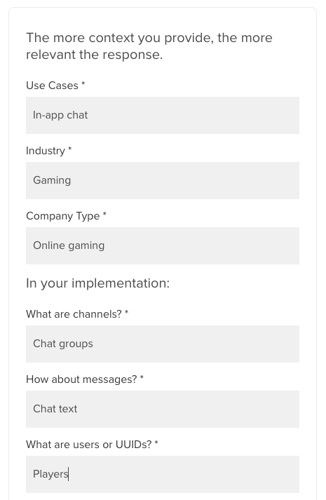 Online survey form with fields for use cases, industry, company type, and chat implementation details displayed on a digital screen.