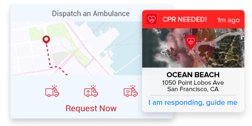 Emergency response mobile application interface showing a CPR alert with location map and a response button.