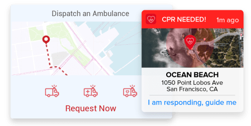 hipaa_2.png Emergency response mobile application interface showing a CPR alert with location map and a response button.