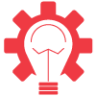 Red gear-shaped logo with a white light bulb silhouette in the center.