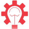 Lightbulb icon Red gear-shaped logo with a white light bulb silhouette in the center.