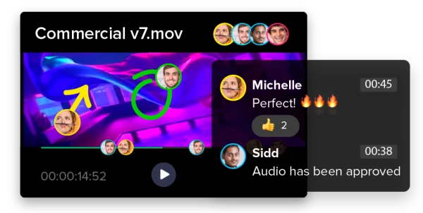 Video editing screen with timeline marker, annotations, and team feedback comments on a commercial project.