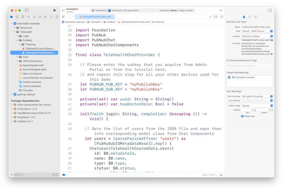 Xcode Telehealth 2 Computer screen with code from a telehealth chat provider service in an Integrated Development Environment (IDE).