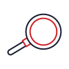 Magnifying glass icon with a red and black design.