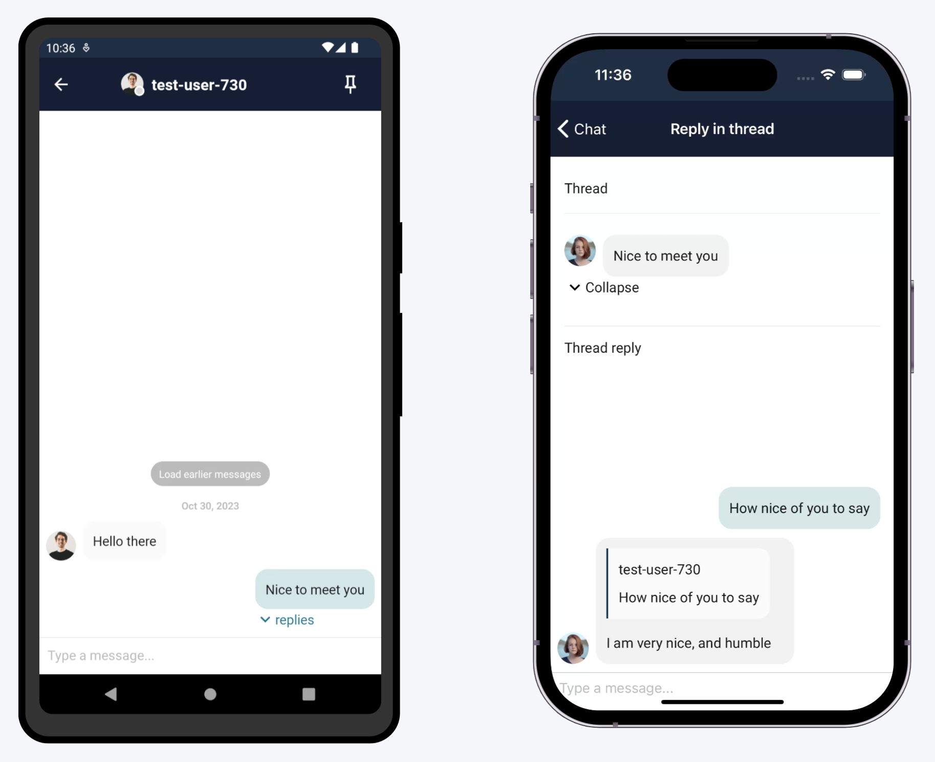 Chat SDK Demo showing threads and quotes Two smartphones displaying message thread with user interactions in a chat application.