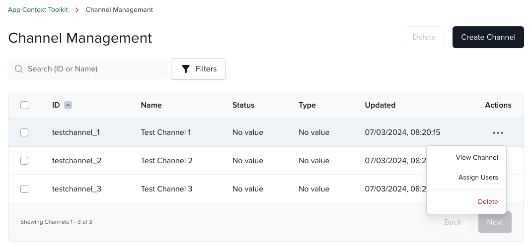 Screenshot of the channel management screen